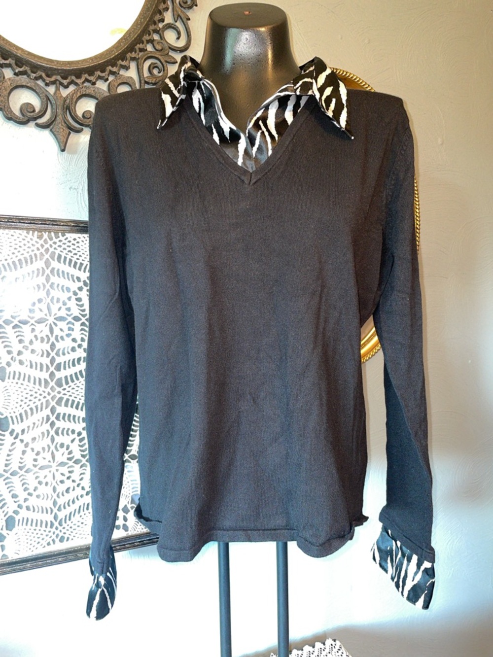 Elementz Black V-Neck Sweater with Zebra-Print Trim
